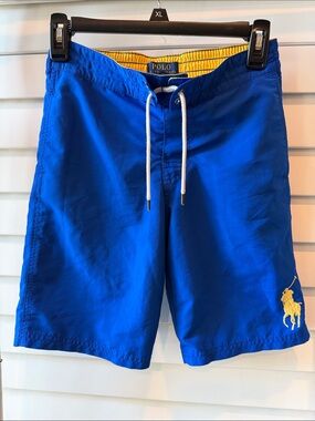 Boy’s Polo by Ralph Lauren Bright Blue Swim Trunks with Yellow Polo Pony